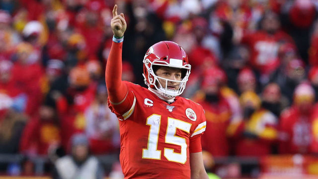 KANSAS CITY, MO - JANUARY 19: Kansas City Chiefs quarterback Patrick Mahomes (15) points to signal first down in the fourth quarter of the AFC Championship game between the Tennessee Titans and Kansas City Chiefs on January 19, 2020 at Arrowhead Stadium in Kansas City, MO.