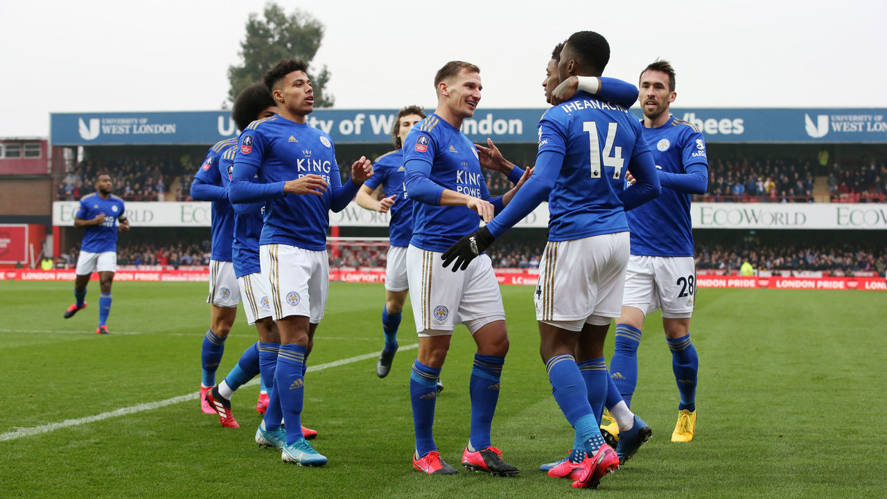 BRENTFORD, ENGLAND - JANUARY 25: Kelechi Iheanacho of Leicester City celebrates with his team mates after scoring to make it 0-1 during the FA Cup Fourth Round match between Brentford FC and Leicester City at Griffin Park on January 25, 2020 in Brentford, England.