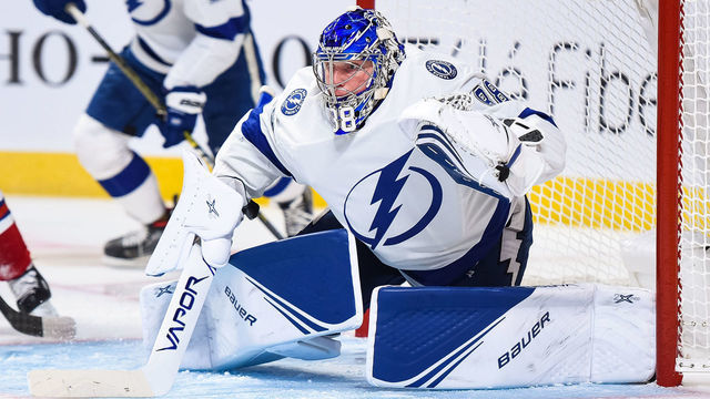 MONTREAL, QC - JANUARY 02: Tampa Bay Lightning goalie Andrei Vasilevskiy (88) tracks the play during the Tampa Bay Lightning versus the Montreal Canadiens game on January 02, 2020, at Bell Centre in Montreal, QC