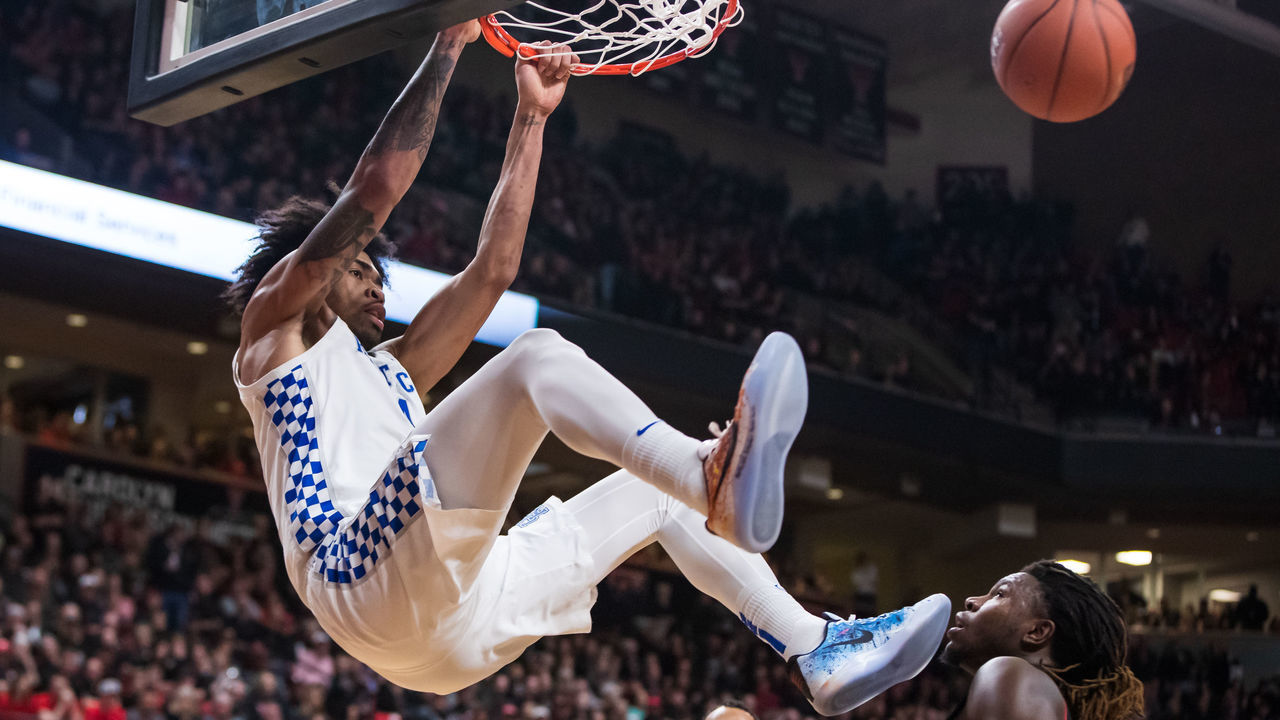 LUBBOCK, TEXAS - JANUARY 25: Forward Nick Richards #4 of the Kentucky Wildcats dunks the ball during the second half of the college basketball game against the Texas Tech Red Raiders on January 25, 2020 at United Supermarkets Arena in Lubbock, Texas.