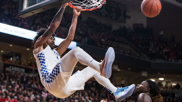 LUBBOCK, TEXAS - JANUARY 25: Forward Nick Richards #4 of the Kentucky Wildcats dunks the ball during the second half of the college basketball game against the Texas Tech Red Raiders on January 25, 2020 at United Supermarkets Arena in Lubbock, Texas.