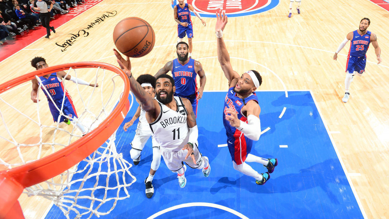 DETROIT, MI - JANUARY 25: Kyrie Irving #11 of the Brooklyn Nets shoots the ball against the Detroit Pistons on January 25, 2020 at Little Caesars Arena in Detroit, Michigan. NOTE TO USER: User expressly acknowledges and agrees that, by downloading and/or using this photograph, User is consenting to the terms and conditions of the Getty Images License Agreement. Mandatory Copyright Notice: Copyright 2020 NBAE