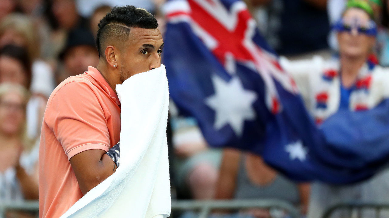 MELBOURNE, AUSTRALIA - JANUARY 25: Nick Kyrgios of Australia looks on during his Men's Singles third round match against Karen Khachanov of Russia on day six of the 2020 Australian Open at Melbourne Park on January 25, 2020 in Melbourne, Australia.