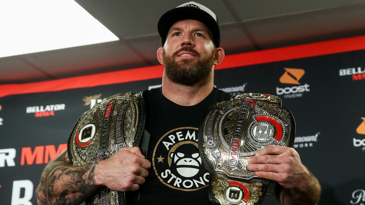 CALIFORNIA, UNITED STATES - JANUARY 26, 2019: American light heavyweight MMA fighter Ryan Bader poses with his trophies at a press conference on winning the Bellator Heavyweight World Grand Prix final bout against his Russian rival Fedor Emelianenko at the Forum in Inglewood, California; Bader knocked out Emelianenko 35 seconds into the bout. TASS