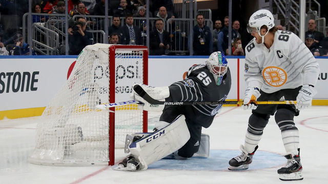 ST LOUIS, MISSOURI - JANUARY 25: David Pastrnak #88 of the Boston Bruins scores a goal over goaltender Jacob Markstrom #25 of the Vancouver Canucks in the game between Atlantic Division v Pacific Division during the 2020 Honda NHL All-Star Game at Enterprise Center on January 25, 2020 in St Louis, Missouri.