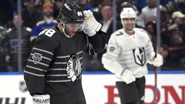ST LOUIS, MISSOURI - JANUARY 25: Patrick Kane #88 of the Chicago Blackhawks and Max Pacioretty #67 of the Vegas Golden Knights skate during the 2020 NHL All-Star Game between the Pacific Division and Central Division at the Enterprise Center on January 25, 2020 in St Louis, Missouri.
