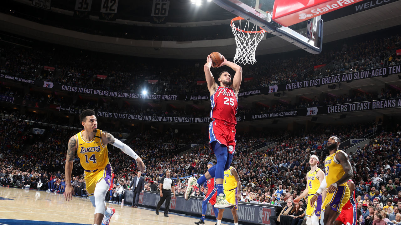 PHILADELPHIA, PA - JANUARY 25: Ben Simmons #25 of the Philadelphia 76ers drives to the basket against the Los Angeles Lakers on January 25, 2020 at the Wells Fargo Center in Philadelphia, Pennsylvania NOTE TO USER: User expressly acknowledges and agrees that, by downloading and/or using this Photograph, user is consenting to the terms and conditions of the Getty Images License Agreement. Mandatory Copyright Notice: Copyright 2020 NBAE