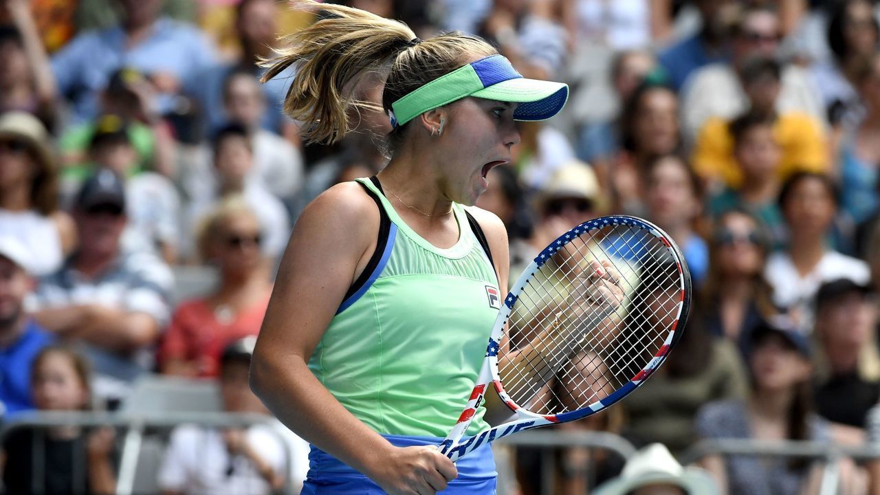 Sofia Kenin of the US reacts after a point against Coco Gauff of the US during their women's singles match on day seven of the Australian Open tennis tournament in Melbourne on January 26, 2020.