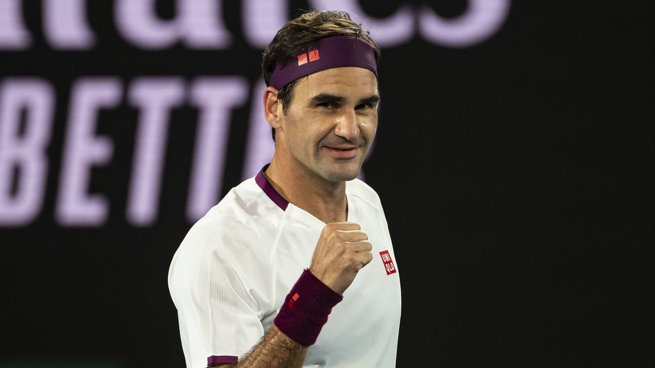 MELBOURNE, AUSTRALIA - JANUARY 26: Roger Federer of Switzerland celebrates his victory in his fourth round match against Marton Fucsovics of Hungary on day seven of the 2020 Australian Open at Melbourne Park on January 26, 2020 in Melbourne, Australia.