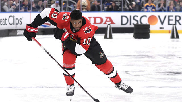 ST LOUIS, MISSOURI - JANUARY 24: Anthony Duclair #10 of the Ottawa Senators competes in the Bridgestone NHL Fastest Skater event as part of the 2020 NHL All-Star Skills competition at Enterprise Center on January 24, 2020 in St Louis, Missouri.