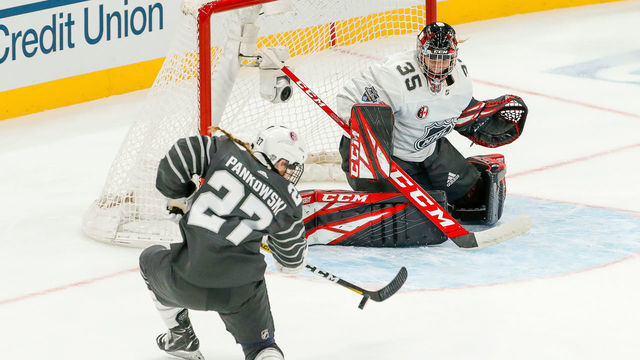 ST. LOUIS, MO - JANUARY 24: Team USA forward Annie Pankowski (27) takes shot as Team Canada goaltender Ann-Renee Desbiens (35) prepares to make save during the 2020 NHL All-Star Skills Elite Women's 3-on-3 presented by Adidas on January 24, 2020, at Enterprise Center in St. Louis, MO.