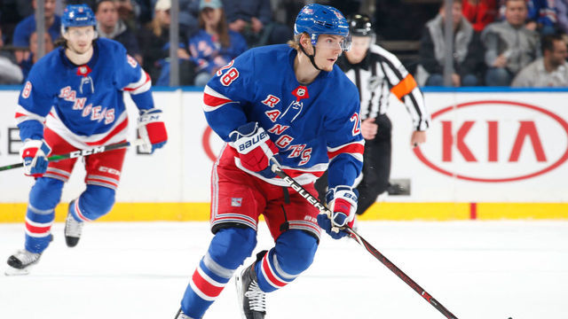 NEW YORK, NY - OCTOBER 24: Lias Andersson #28 of the New York Rangers skates with the puck against the Buffalo Sabres at Madison Square Garden on October 24, 2019 in New York City.