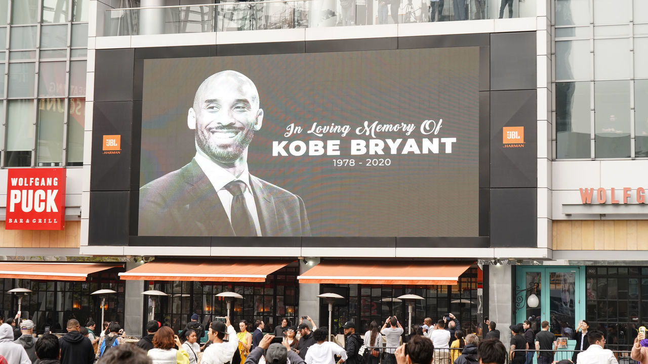 LOS ANGELES, CALIFORNIA - JANUARY 26: Former NBA player Kobe Bryant is remembered outside the 62nd Annual GRAMMY Awards at STAPLES Center on January 26, 2020 in Los Angeles, California. Bryant, 41, died today in a helicopter crash in near Calabasas, California.
