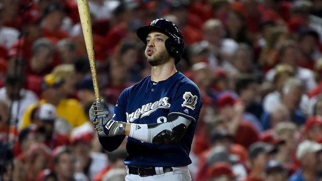 WASHINGTON, DC - OCTOBER 01: Ryan Braun #8 of the Milwaukee Brewers at bat against the Washington Nationals during the National League Wild Card game at Nationals Park on October 1, 2019 in Washington, DC.