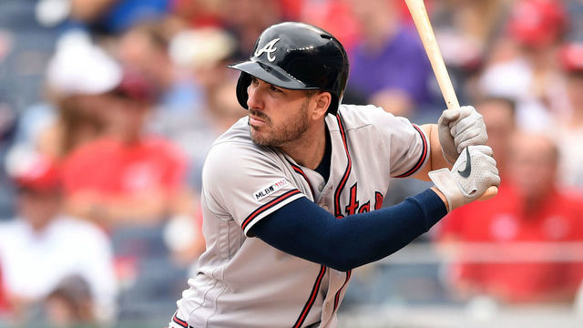 WASHINGTON, DC - SEPTEMBER 14: Matt Joyce #14 of the Atlanta Braves prepares for a pitch during a baseball game against the Washington Nationals at Nationals Park on September 14, 2019 in Washington, DC.