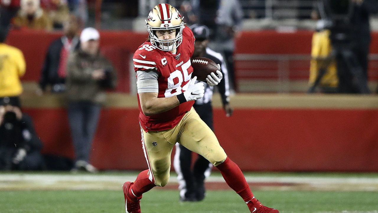 SANTA CLARA, CALIFORNIA - JANUARY 19: George Kittle #85 of the San Francisco 49ers runs after a catch against the Green Bay Packers during the NFC Championship game at Levi's Stadium on January 19, 2020 in Santa Clara, California.