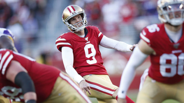SANTA CLARA, CA - JANUARY 11: Robbie Gould #9 of the San Francisco 49ers kicks a PAT during the game against the Minnesota Vikings at Levi's Stadium on January 11, 2020 in Santa Clara, California. The 49ers defeated the Vikings 27-10.