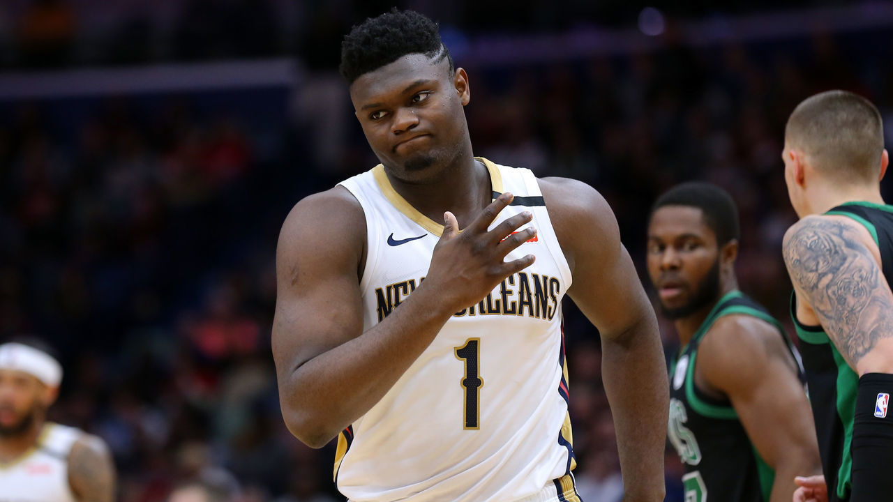 NEW ORLEANS, LOUISIANA - JANUARY 26: Zion Williamson #1 of the New Orleans Pelicans reacts against the Boston Celtics during the second half at the Smoothie King Center on January 26, 2020 in New Orleans, Louisiana.