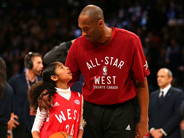 TORONTO, ON - FEBRUARY 14: Kobe Bryant #24 of the Los Angeles Lakers and the Western Conference warms up with daughter Gianna Bryant during the NBA All-Star Game 2016 at the Air Canada Centre on February 14, 2016 in Toronto, Ontario. NOTE TO USER: User expressly acknowledges and agrees that, by downloading and/or using this Photograph, user is consenting to the terms and conditions of the Getty Images License Agreement.