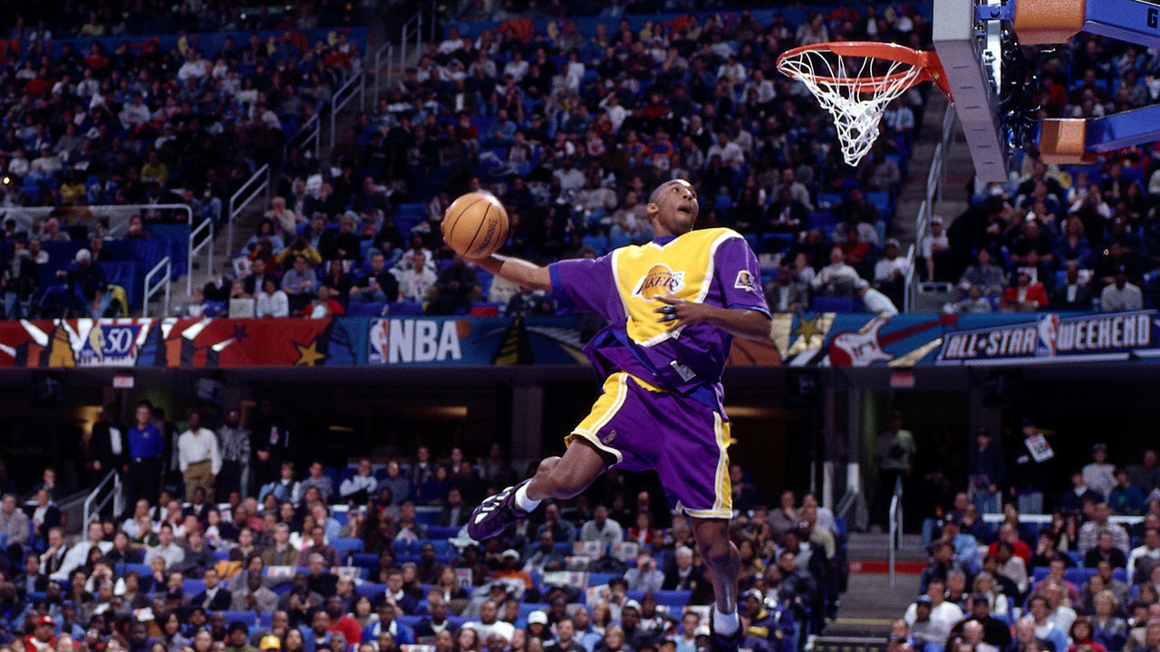CLEVELAND - FEBRUARY 8: Kobe Bryant #8 of the Los Angeles Lakers goes up for one of his slam dunks that won first place in the NBA All-Star Slam Dunk Contest at Gund Arena on February 8, 1997 in Cleveland, Ohio. Mandatory copyright notice: Copyright NBAE 2002