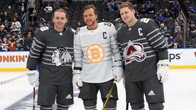 ST LOUIS, MISSOURI - JANUARY 25: Patrick Kane #88 of the Chicago Blackhawks, David Pastrnak #88 of the Boston Bruins and Nathan MacKinnon #29 of the Colorado Avalanche pose for photographers prior to the 2020 Honda NHL All-Star Game at Enterprise Center on January 25, 2020 in St Louis, Missouri.