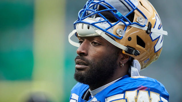REGINA, SK - OCTOBER 05: Willie Jefferson #5 of the Winnipeg Blue Bombers on the sideline during the game between the Winnipeg Blue Bombers and Saskatchewan Roughriders at Mosaic Stadium on October 5, 2019 in Regina, Canada.