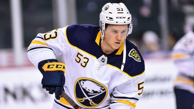 CALGARY, AB - DECEMBER 05: Buffalo Sabres Left Wing Jeff Skinner (53) warms up before an NHL game where the Calgary Flames hosted the Buffalo Sabres on December 5, 2019, at the Scotiabank Saddledome in Calgary, AB.