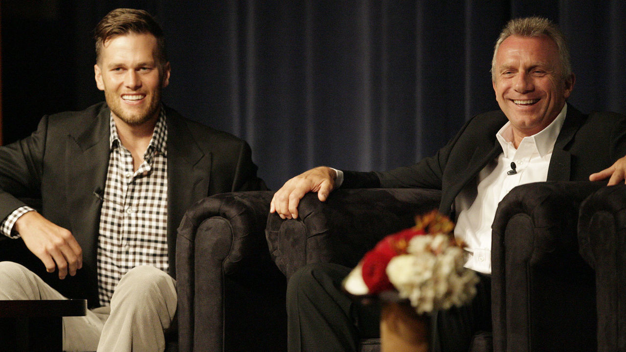 MVP Superbowl quarterbacks Tom Brady and Joe Montana attend the Salute to the Titans breakfast at UCSF at Mission Bay in San Francisco, Calif., on Friday, June 15, 2012. The quarterbacks were the featured guests at the Champion Charities breakfast organized by former 49ers offensive lineman, Harris Barton. Founded by Barton and former 49er safety, Ronnie Lott, the charity raises money to fund brain tumor research at UCSF. (Gary Reyes/Bay Area News Group)