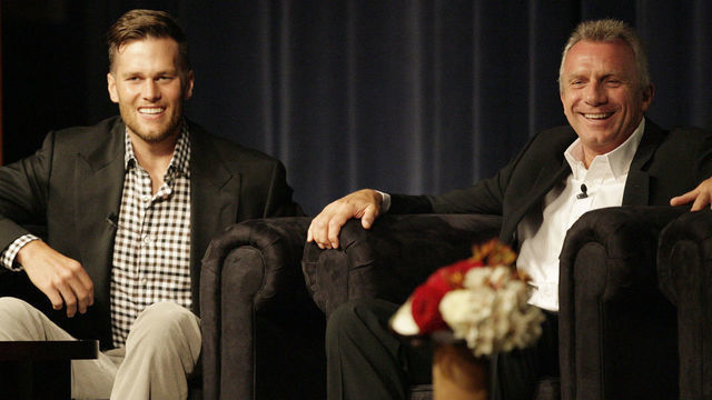 MVP Superbowl quarterbacks Tom Brady and Joe Montana attend the Salute to the Titans breakfast at UCSF at Mission Bay in San Francisco, Calif., on Friday, June 15, 2012. The quarterbacks were the featured guests at the Champion Charities breakfast organized by former 49ers offensive lineman, Harris Barton. Founded by Barton and former 49er safety, Ronnie Lott, the charity raises money to fund brain tumor research at UCSF. (Gary Reyes/Bay Area News Group)