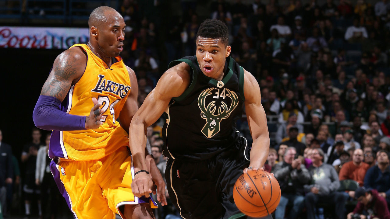 Milwaukee, WI - FEBRUARY 22: Giannis Antetokounmpo #34 of the Milwaukee Bucks handles the ball during the game against Kobe Bryant #24 of the Los Angeles Lakers on February 22, 2016 at the BMO Harris Bradley Center in Milwaukee, Wisconsin. Mandatory Copyright Notice: Copyright 2016 NBAE
