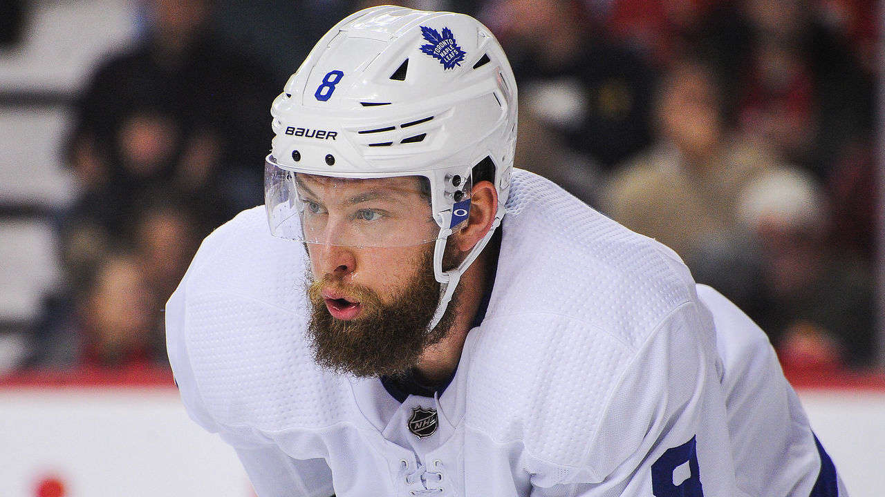 CALGARY, AB - DECEMBER 12: Jake Muzzin #8 of the Toronto Maple Leafs in action against the Calgary Flames during an NHL game at Scotiabank Saddledome on December 12, 2019 in Calgary, Alberta, Canada.