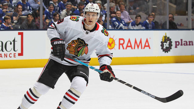 TORONTO, ON - JANUARY 18: Dominik Kubalik #8 of the Chicago Blackhawks skates against the Toronto Maple Leafs during an NHL game at Scotiabank Arena on January 18, 2020 in Toronto, Ontario, Canada. The Blackhawks defeated the Maple Leafs 6-2.