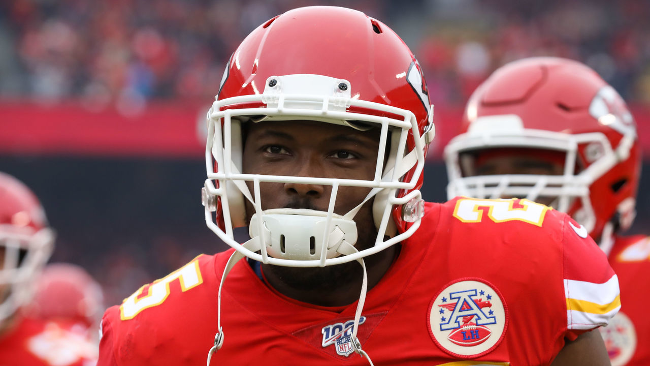KANSAS CITY, MO - JANUARY 12: Kansas City Chiefs running back LeSean McCoy (25) before an NFL Divisional round playoff game between the Houston Texans and Kansas City Chiefs on January 12, 2020 at Arrowhead Stadium in Kansas City, MO.