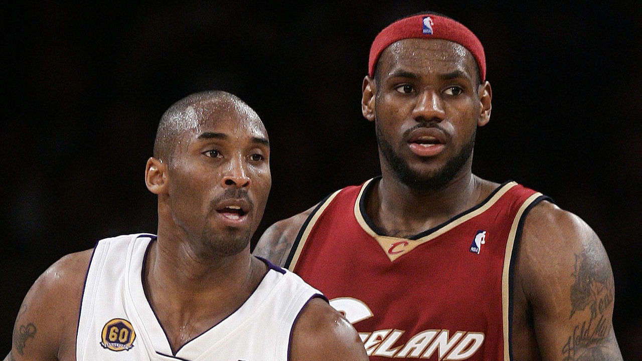 LOS ANGELES, CA - JANUARY 26: Cavaliers LeBron James ,23, and Laker's Kobe Bryant ,24, jockey for position in the second half During a basketball game January 27. 2008 between the Cleveland Cavaliers and Los Angeles Lakers at the Staples Center in Los Angeles Sunday afternoon.