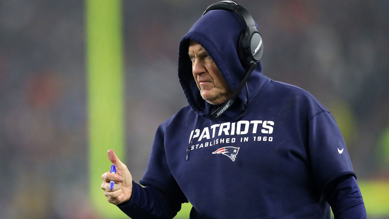 FOXBOROUGH, MASSACHUSETTS - JANUARY 04: Head coach Bill Belichick of the New England Patriots looks on during the the AFC Wild Card Playoff game against the Tennessee Titans at Gillette Stadium on January 04, 2020 in Foxborough, Massachusetts.