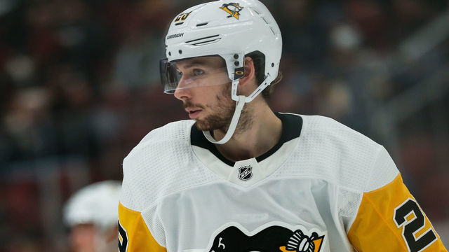 GLENDALE, AZ - JANUARY 12: Pittsburgh Penguins defenseman Marcus Pettersson (28) looks on during the NHL hockey game between the Pittsburgh Penguins and the Arizona Coyotes on January 12, 2020 at Gila River Arena in Glendale, Arizona.