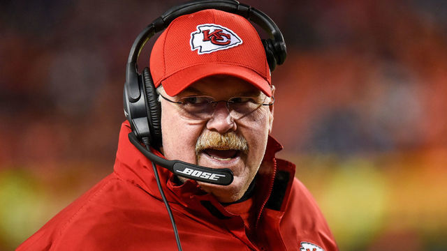 KANSAS CITY, MO - JANUARY 6: Head coach Andy Reid of the Kansas City Chiefs looks to the sidelines just before the Tennessee Titans run the last play of the AFC Wild Card Playoff Game at Arrowhead Stadium on January 6, 2018 in Kansas City, Missouri.