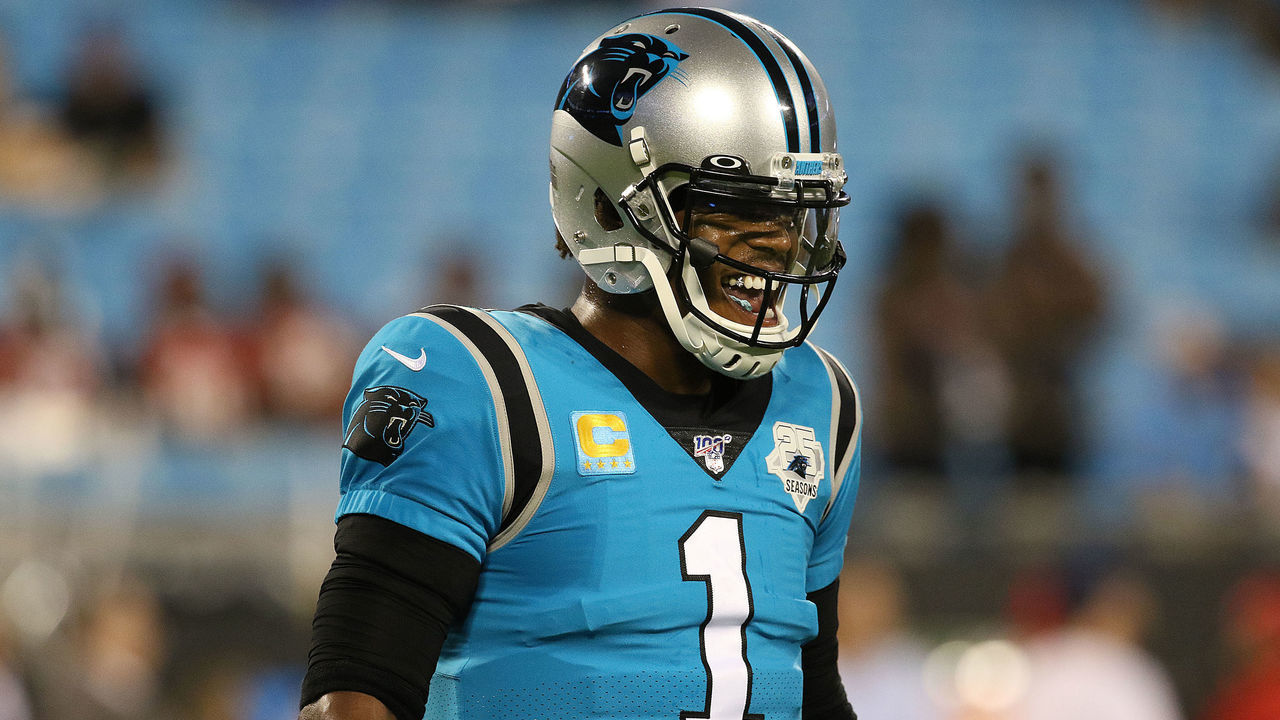 CHARLOTTE, NC - SEPTEMBER 12: Cam Newton (1) quarterback of Carolina during a NFL football game between the Tampa Bay Buccaneers and the Carolina Panthers on September 12, 2019, at Bank of America Stadium in Charlotte, N.C.