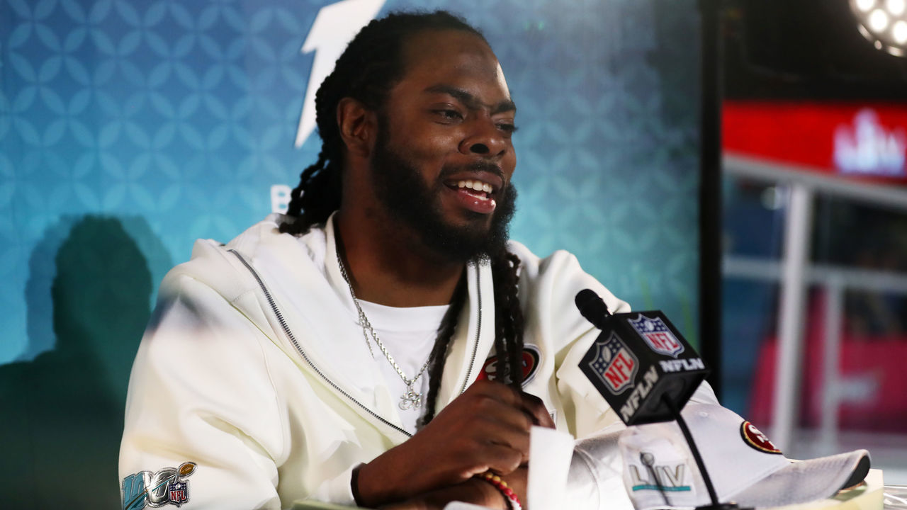 MIAMI, FLORIDA - JANUARY 27: Cornerback Richard Sherman #25 of the San Francisco 49ers speaks to the media during Super Bowl Opening Night presented by BOLT24 at Marlins Park on January 27, 2020 in Miami, Florida.