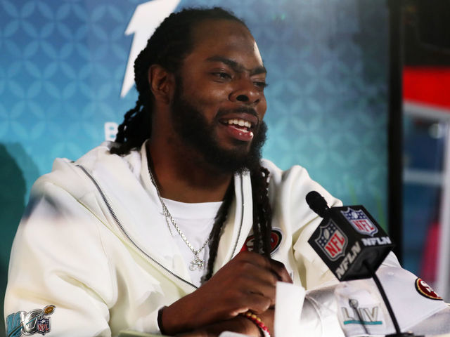 MIAMI, FLORIDA - JANUARY 27: Cornerback Richard Sherman #25 of the San Francisco 49ers speaks to the media during Super Bowl Opening Night presented by BOLT24 at Marlins Park on January 27, 2020 in Miami, Florida.
