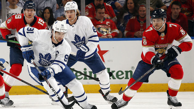 SUNRISE, FL - JANUARY 12: John Tavares #91 of the Toronto Maple Leafs skates for possession against Colton Sceviour #7 of the Florida Panthers at the BB&T Center on January 12, 2020 in Sunrise, Florida.
