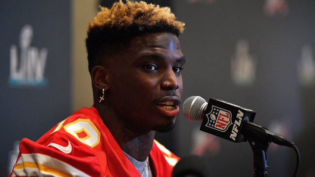 AVENTURA, FLORIDA - JANUARY 28: Tyreek Hill #10 of the Kansas City Chiefs speaks to the media during the Kansas City Chiefs media availability prior to Super Bowl LIV at the JW Marriott Turnberry on January 28, 2020 in Aventura, Florida.