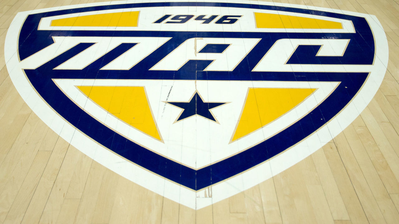 KENT, OH - JANUARY 28: The Mid-American Conference logo in the floor prior to the men's college basketball game between the Central Michigan Chippewas and Kent State Golden Flashes on January 28, 2017, at the Memorial Athletic and Convocation Center in Kent, OH. Central Michigan defeated Kent State 105-98 in overtime.