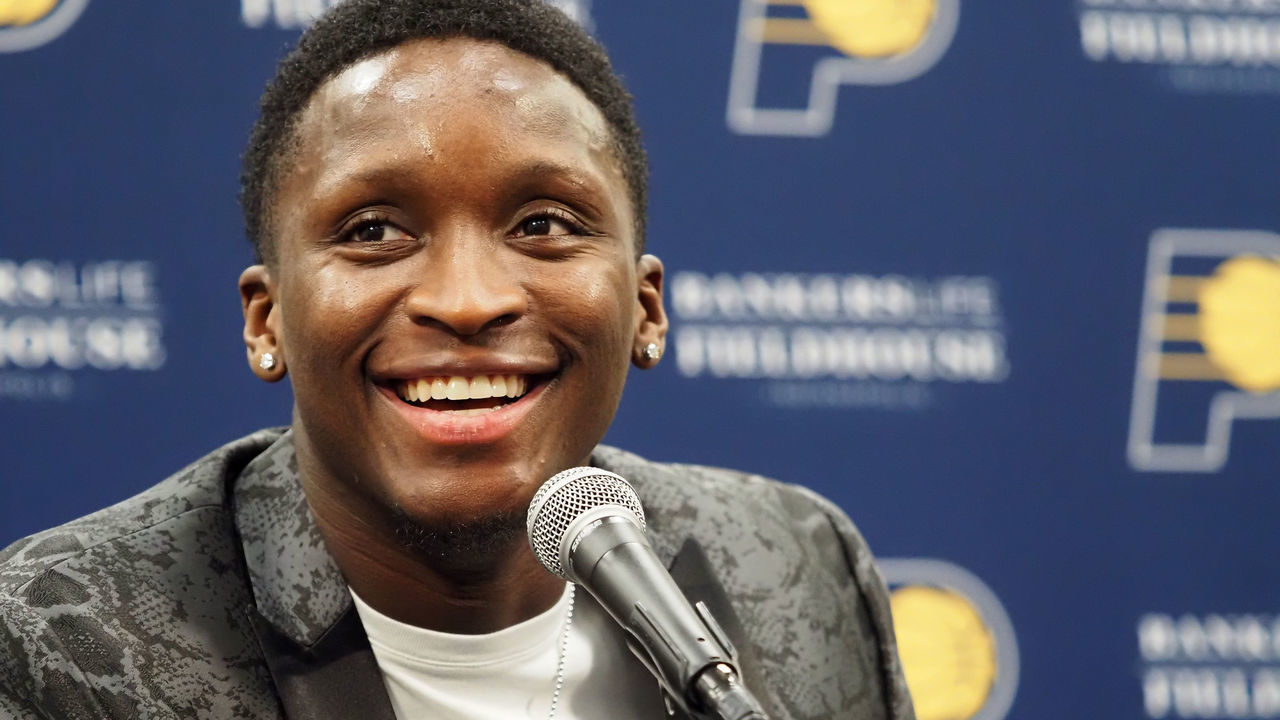 INDIANAPOLIS, IN - JANUARY 8: Victor Oladipo #4 of the Indiana Pacers is interviewed prior to a game against the Miami Heat on January 8, 2020 at Bankers Life Fieldhouse in Indianapolis, Indiana. Mandatory Copyright Notice: Copyright 2020 NBAE