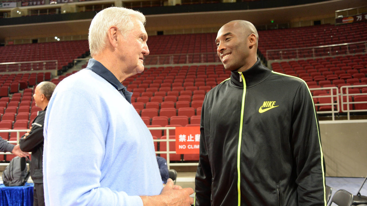 BEIJING, CHINA - OCTOBER 14: Jerry West chats with Kobe Bryant #24 of the Los Angeles Lakers before practice as part of 2013 Global Games on October 14, 2013 at the MasterCard Center in Beijing, China. NOTE TO USER: User expressly acknowledges and agrees that, by downloading and/or using this photograph, user is consenting to the terms and conditions of the Getty Images License Agreement. Mandatory Copyright Notice: Copyright 2013 NBAE