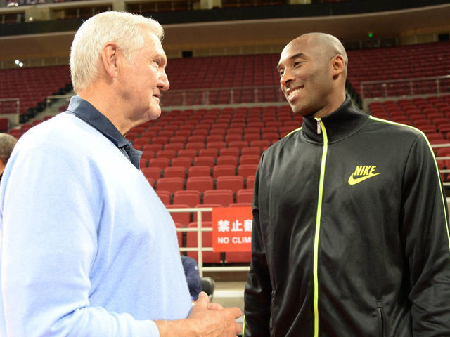 BEIJING, CHINA - OCTOBER 14: Jerry West chats with Kobe Bryant #24 of the Los Angeles Lakers before practice as part of 2013 Global Games on October 14, 2013 at the MasterCard Center in Beijing, China. NOTE TO USER: User expressly acknowledges and agrees that, by downloading and/or using this photograph, user is consenting to the terms and conditions of the Getty Images License Agreement. Mandatory Copyright Notice: Copyright 2013 NBAE