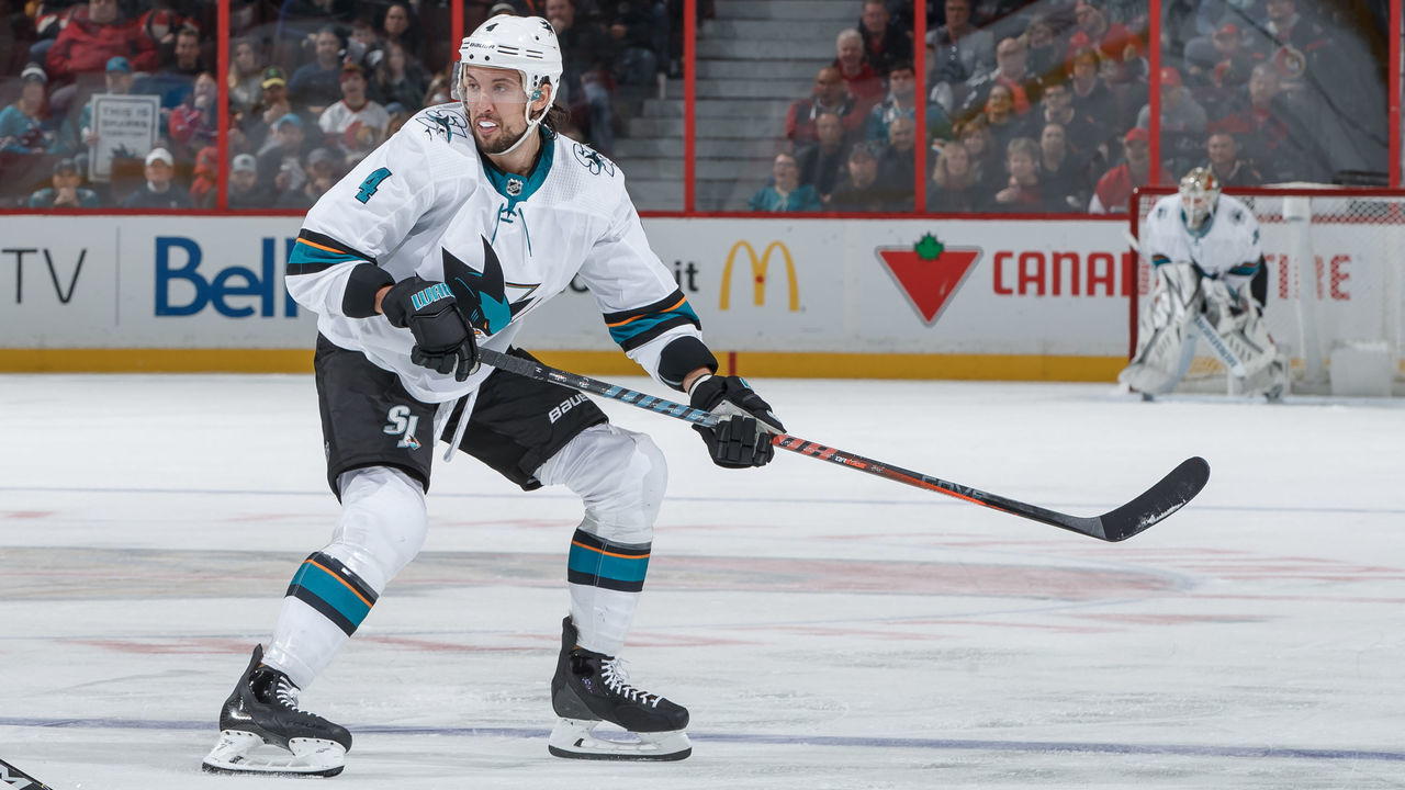 OTTAWA, ON - OCTOBER 27: Brenden Dillon #4 of the San Jose Sharks skates against the Ottawa Senators at Canadian Tire Centre on October 27, 2019 in Ottawa, Ontario, Canada.
