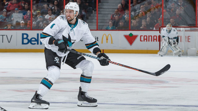OTTAWA, ON - OCTOBER 27: Brenden Dillon #4 of the San Jose Sharks skates against the Ottawa Senators at Canadian Tire Centre on October 27, 2019 in Ottawa, Ontario, Canada.