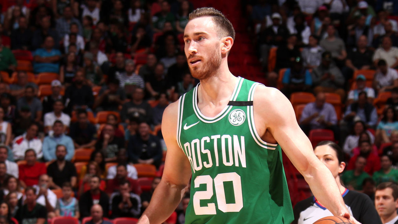 MIAMI, FL - JANUARY 28: Gordon Hayward #20 of the Boston Celtics handles the ball during a game against the Miami Heat on January 28, 2020 at American Airlines Arena in Miami, Florida. Mandatory Copyright Notice: Copyright 2020 NBAE