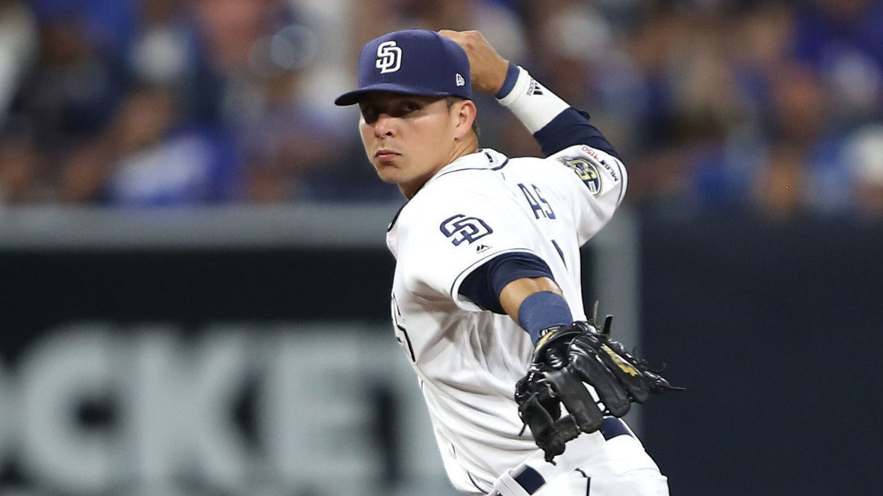SAN DIEGO, CALIFORNIA - AUGUST 27: Luis Urias #9 of the San Diego Padres throws to first base during a game against the Los Angeles Dodgers at PETCO Park on August 27, 2019 in San Diego, California.